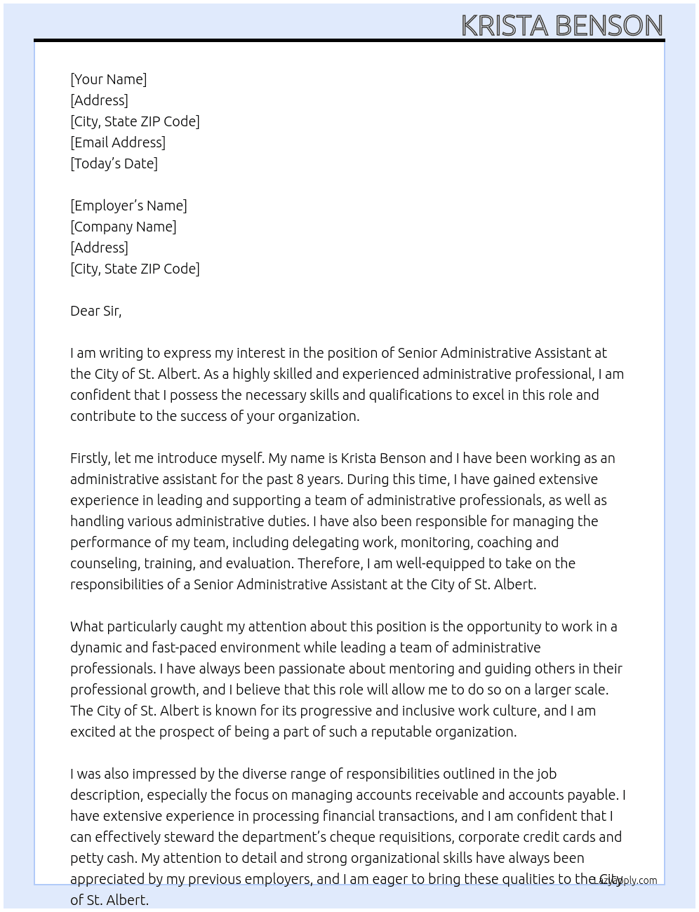 senior administrative assistant  At City of St. Albert Cover Letter