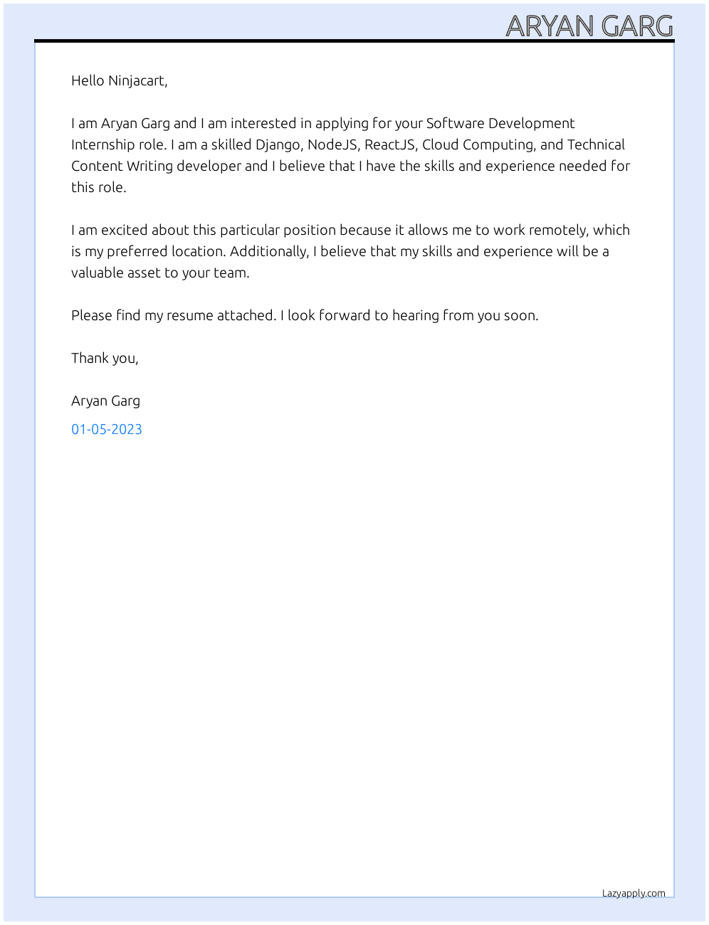 Software Development Internship At Ninjacart Cover Letter