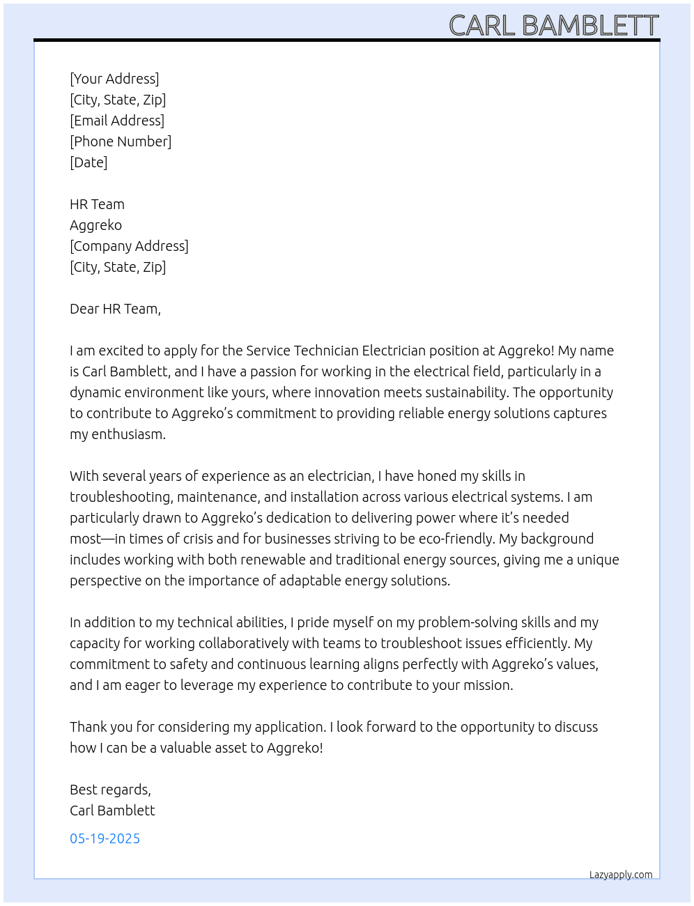 Service Technician Electrician At Aggreko Cover Letter