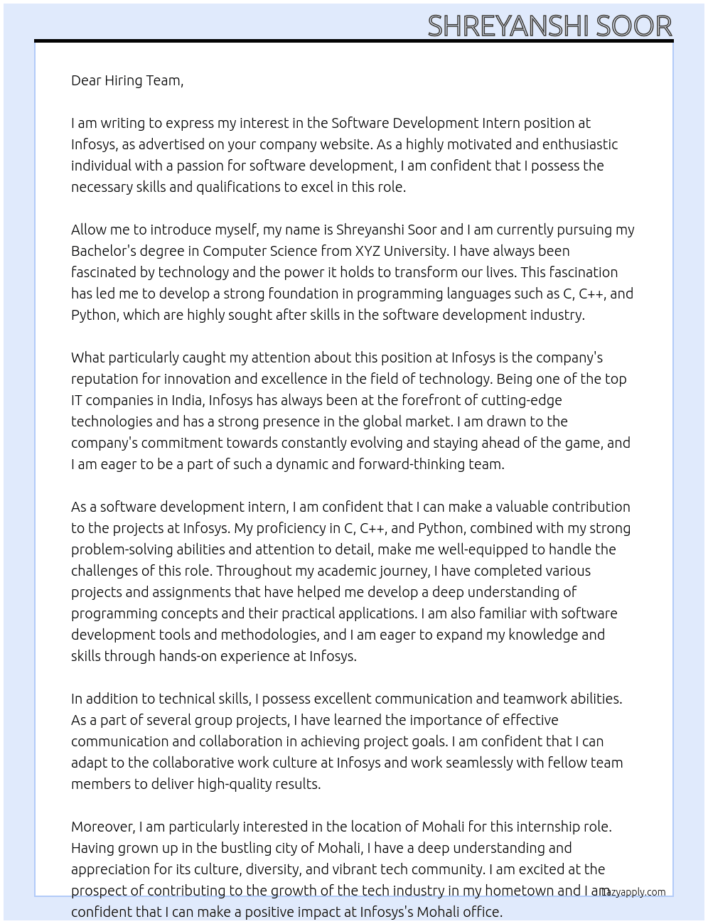 software development intern At Infosys Cover Letter
