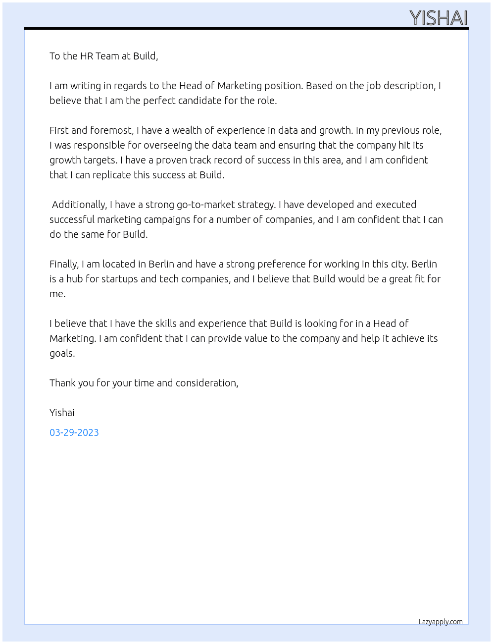 Head of Marketing At Build Cover Letter