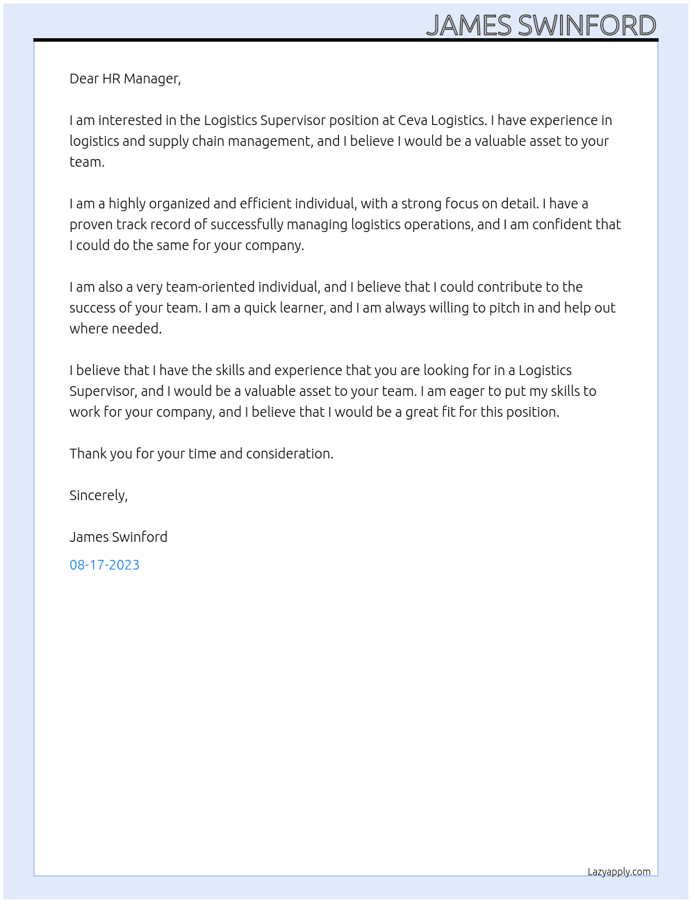 Logistics Supervisor At Ceva Logistics Cover Letter
