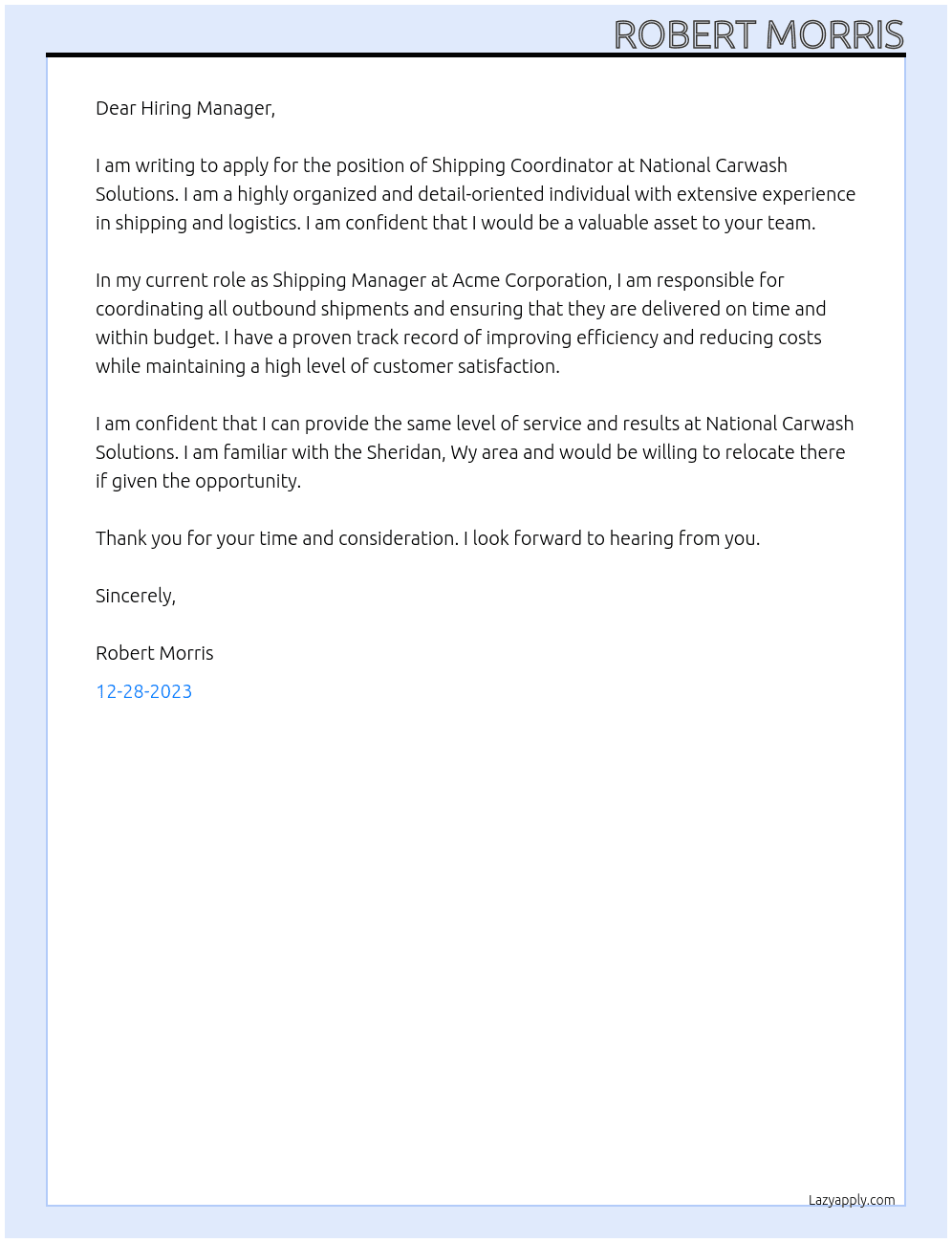 Shipping Coordinator At National Carwash Solutions Cover Letter