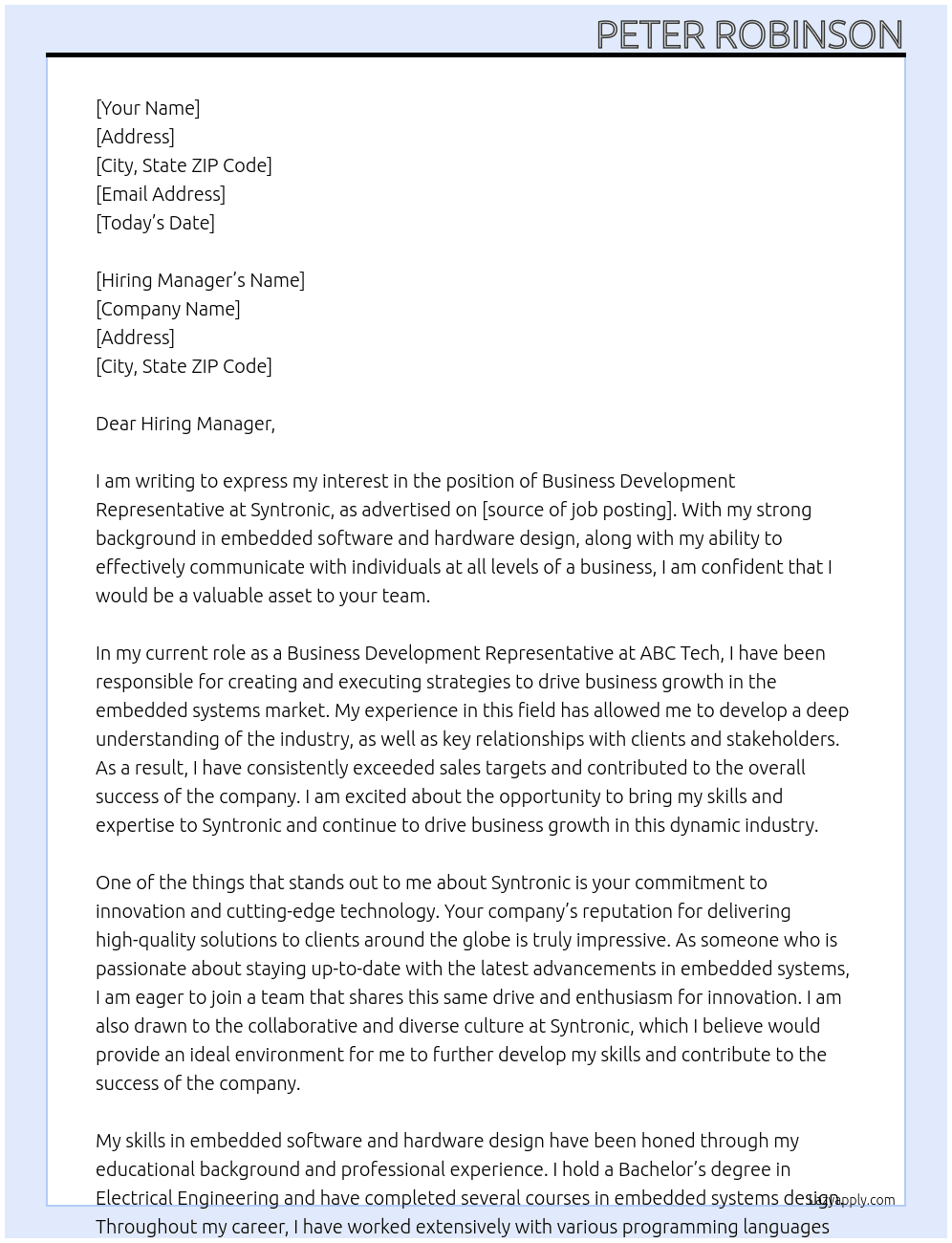 Business Development Representative At Syntronic Cover Letter
