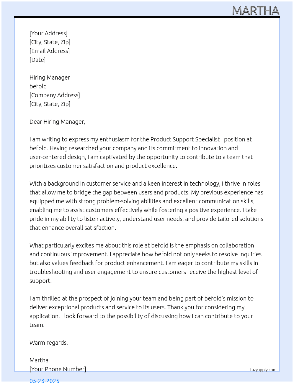 Product Support Specialist i At befold Cover Letter