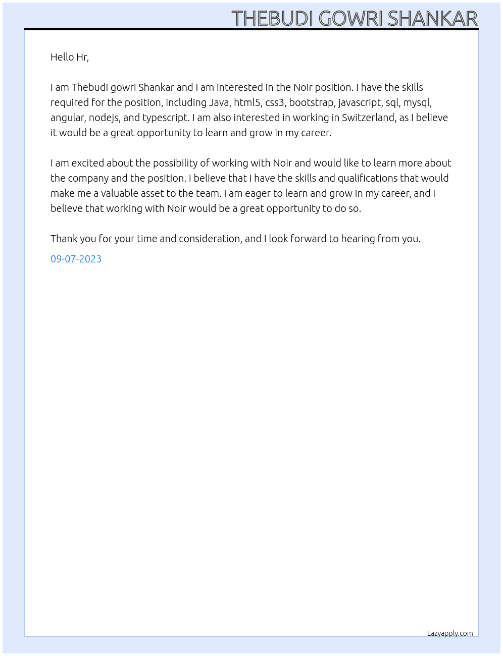 Noir At NOIR Cover Letter