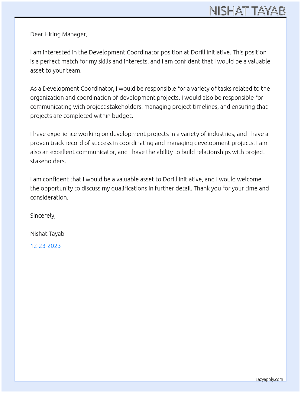 Development Coordinator At Dorill Initiative Cover Letter