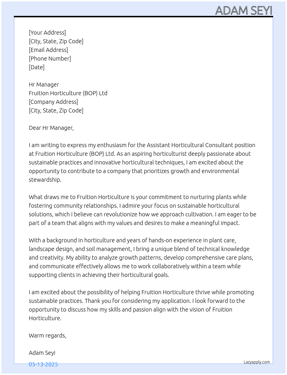 Cover letter for assistant horticultural consultant - LazyApply