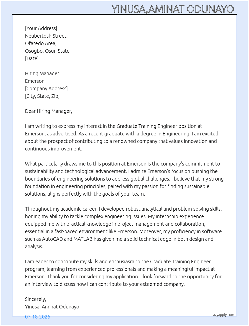 Cover letter for graduate training engineer - LazyApply