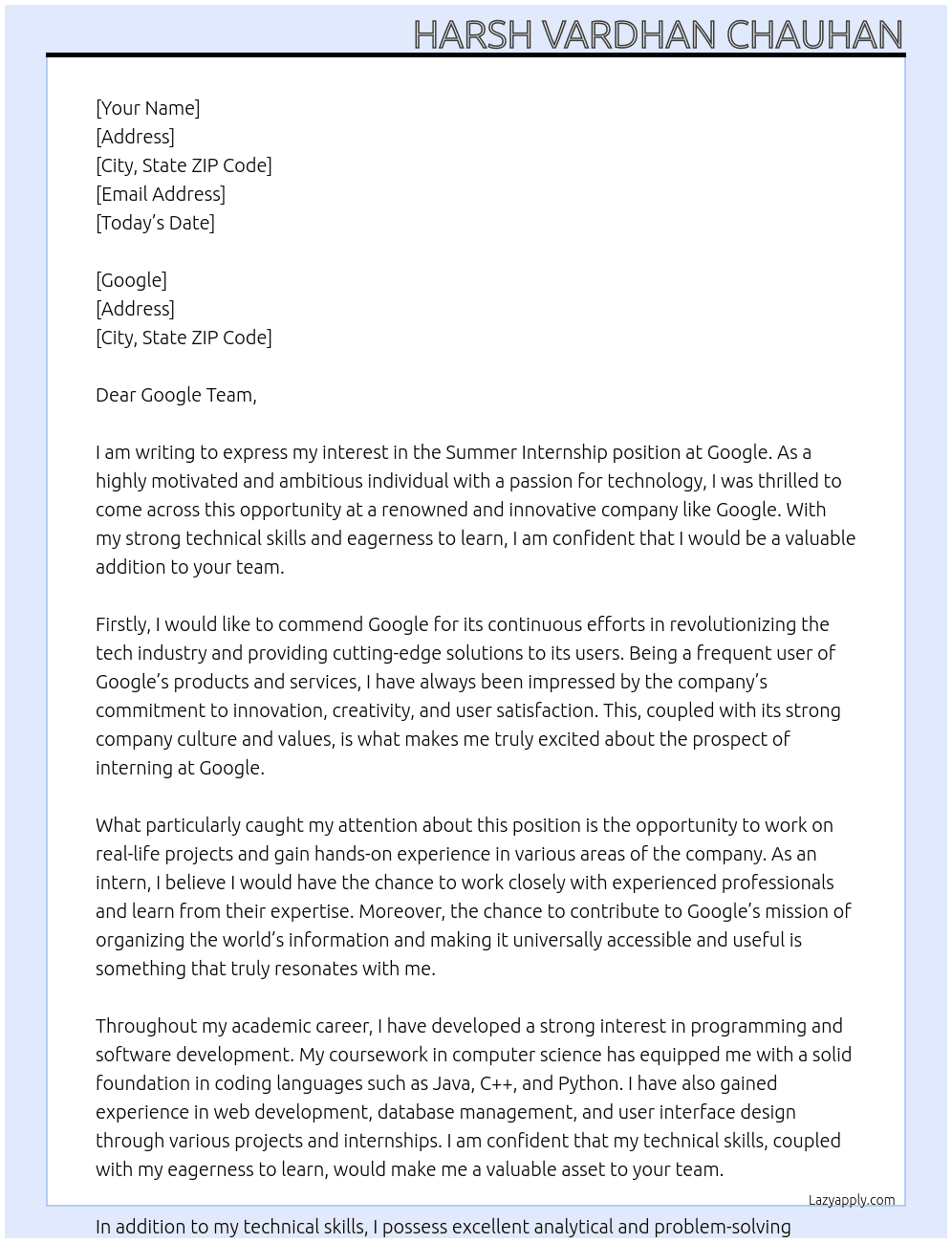 summer internship At google Cover Letter