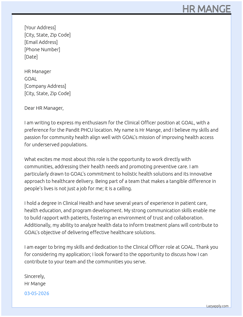 Cinical Officer  At GOAL Cover Letter