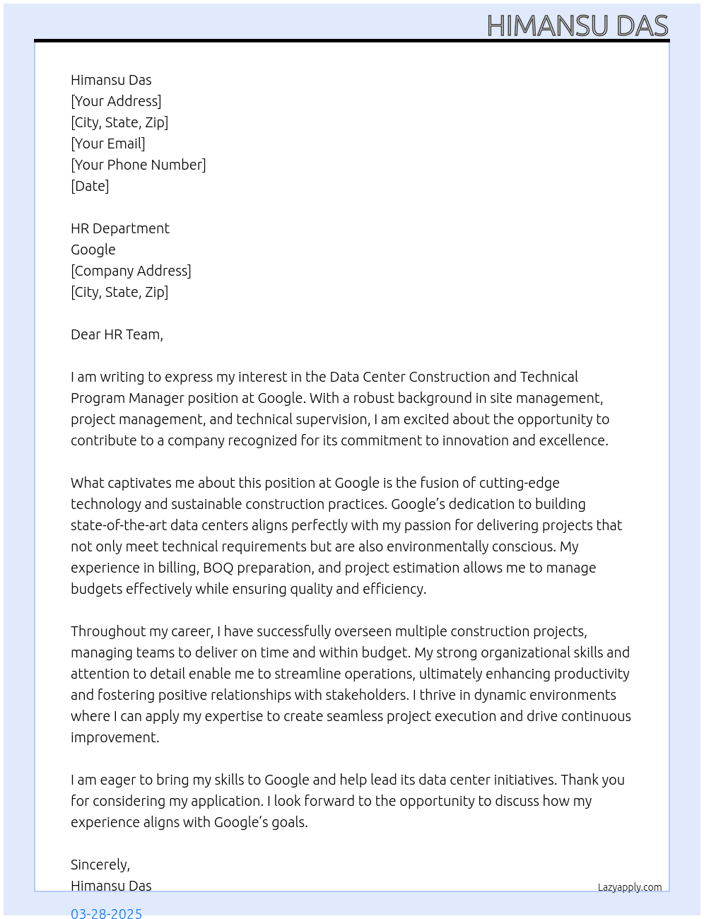 Cover letter for data center construction and technical program manager - LazyApply