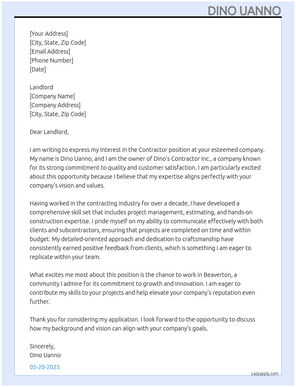 Contractor At Dinos contractor inc Cover Letter