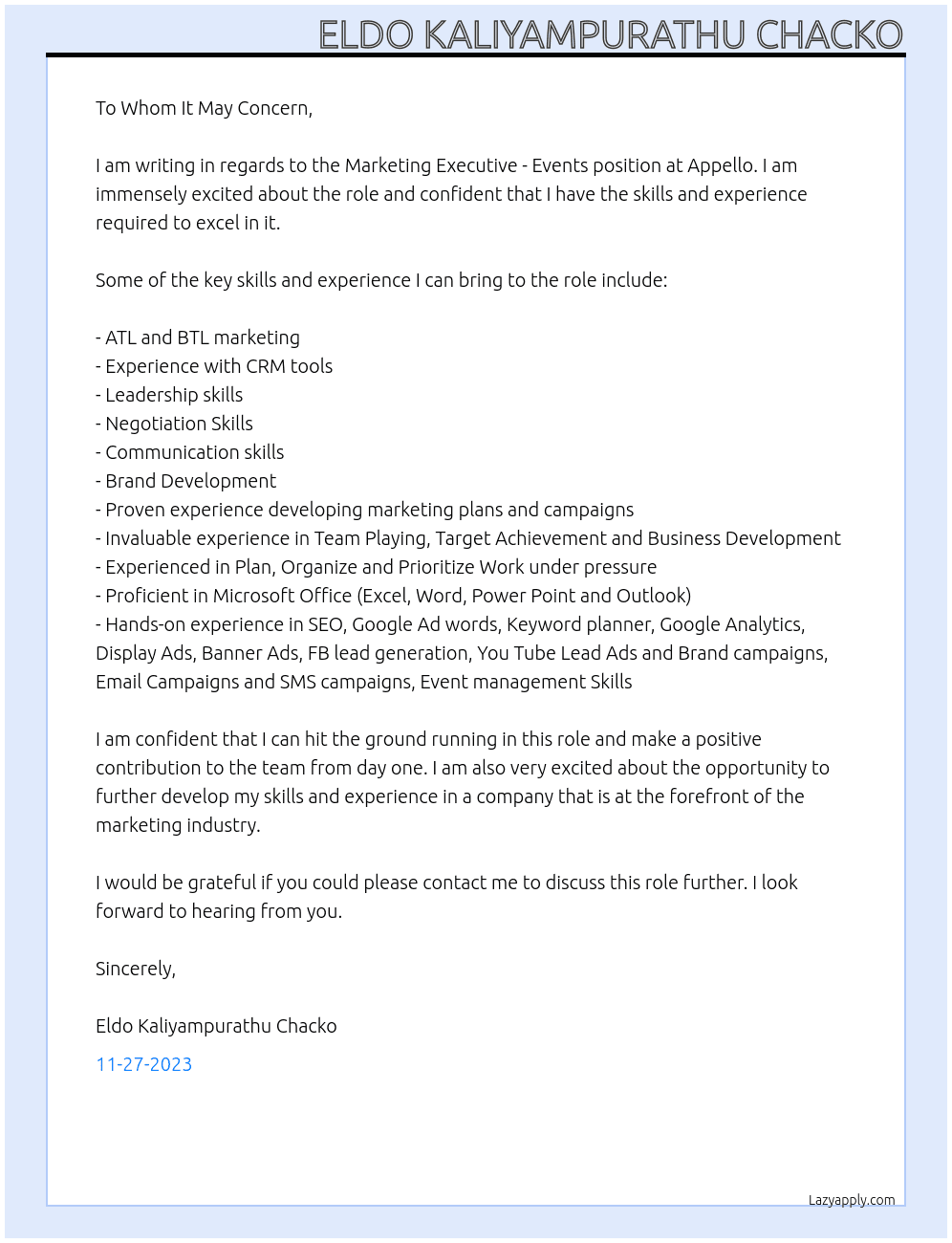 Marketing Executive - Events  At Appello Cover Letter