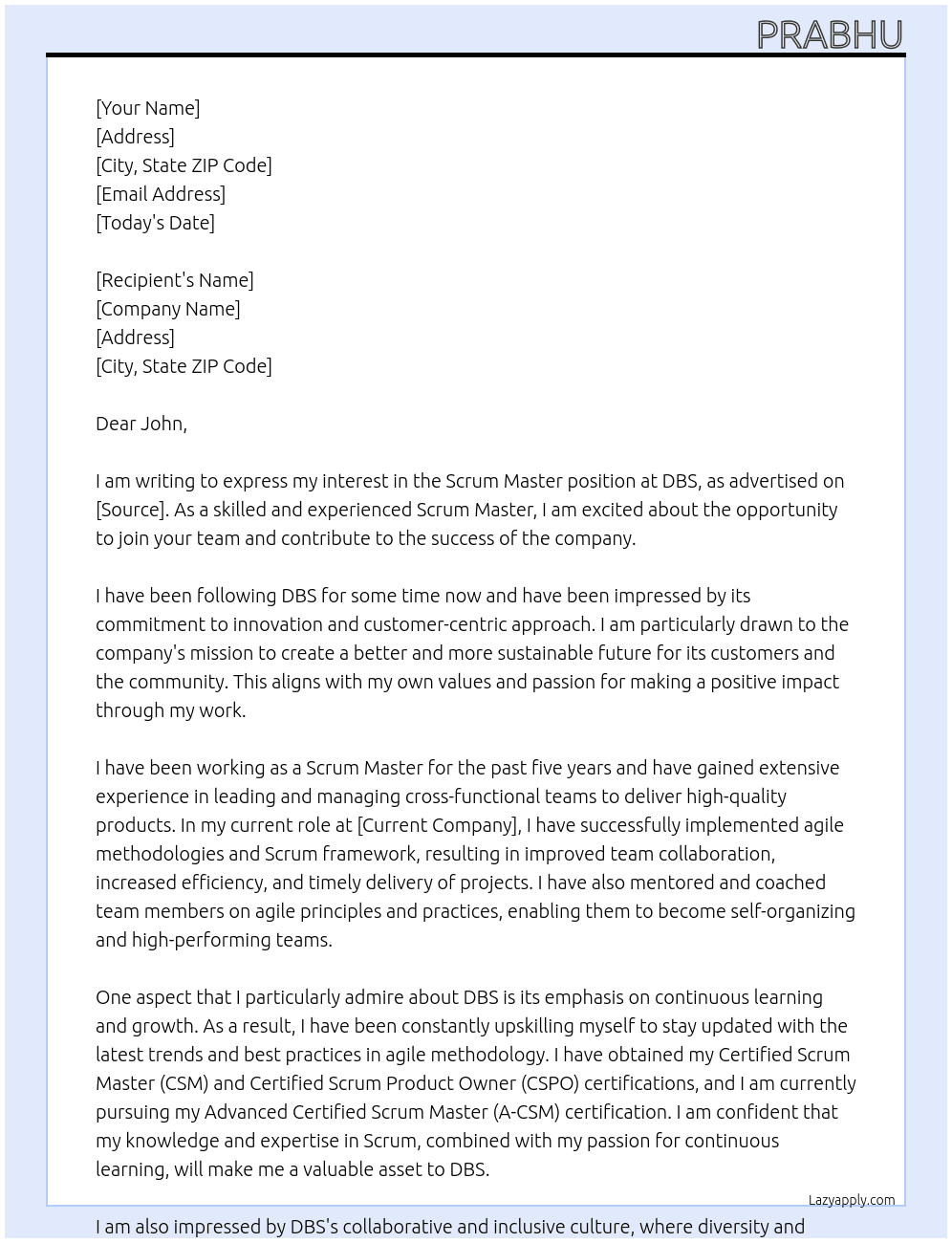 Scrum master At DBS Cover Letter