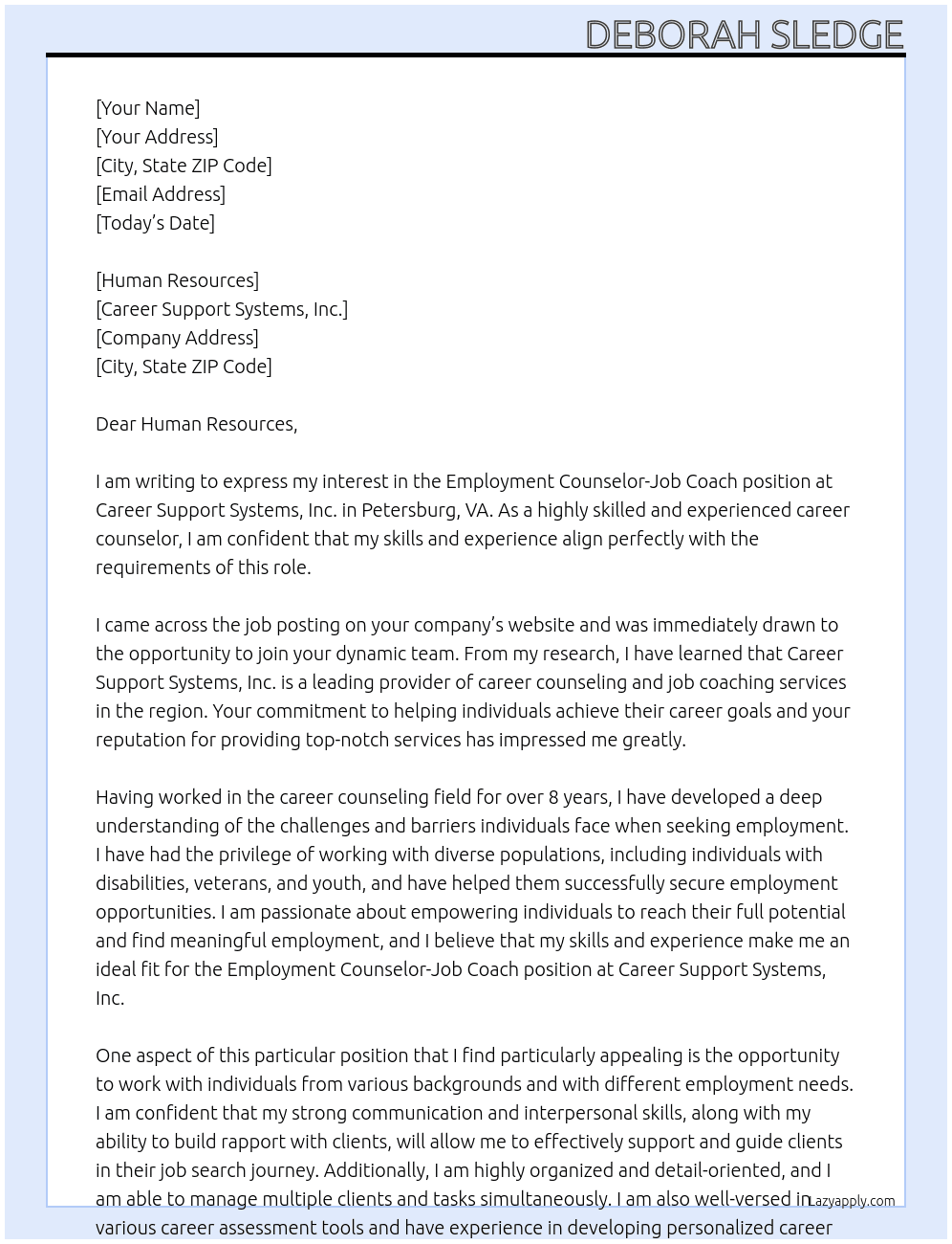 Employment Counselor-Job Coach At Career Support Systems, Inc.  Cover Letter