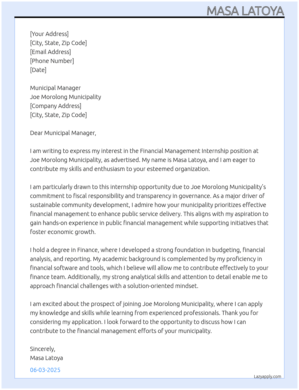 Financial management internship  At Joe Morolong municipality  Cover Letter