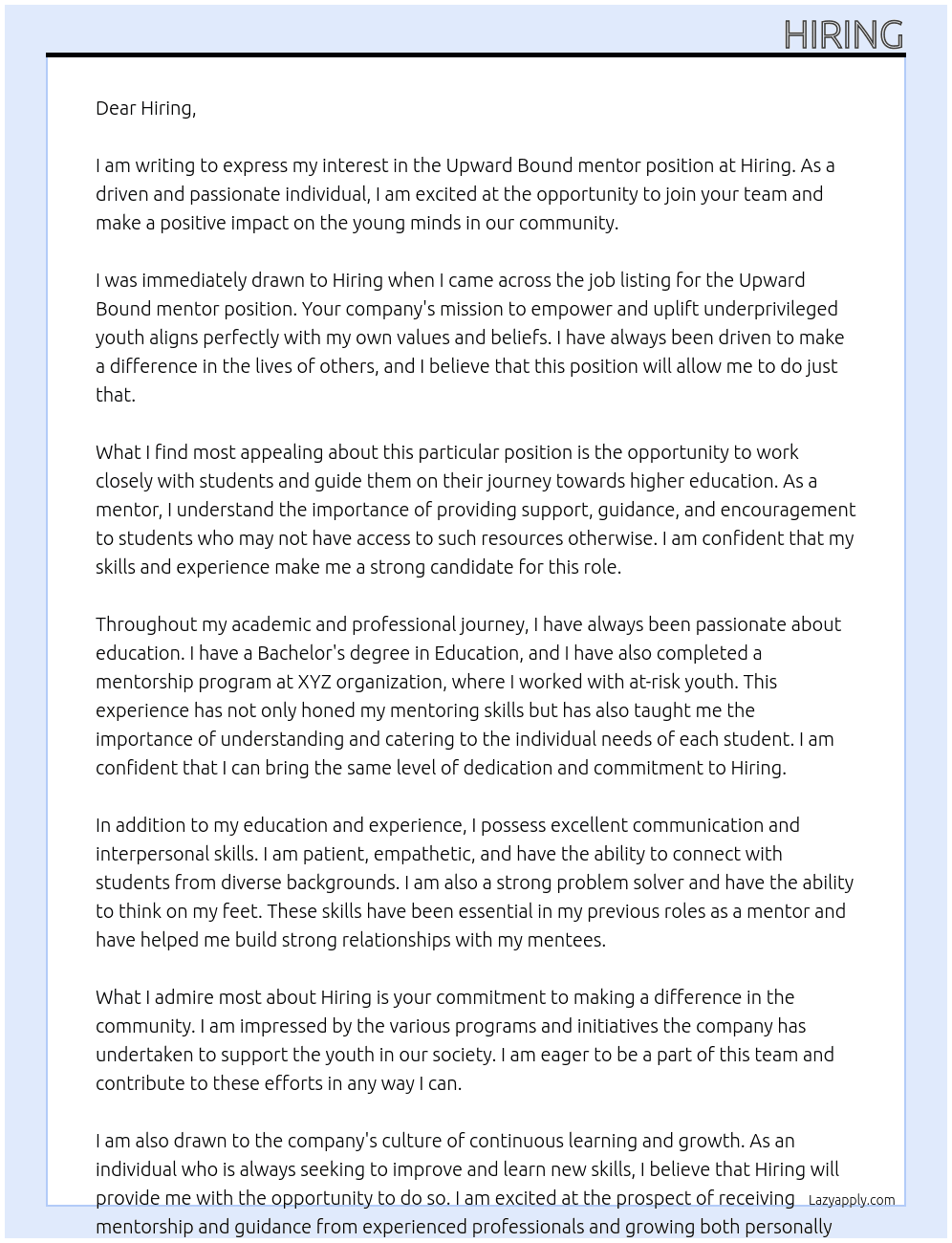 Upward Bound mentor At Hiring Cover Letter