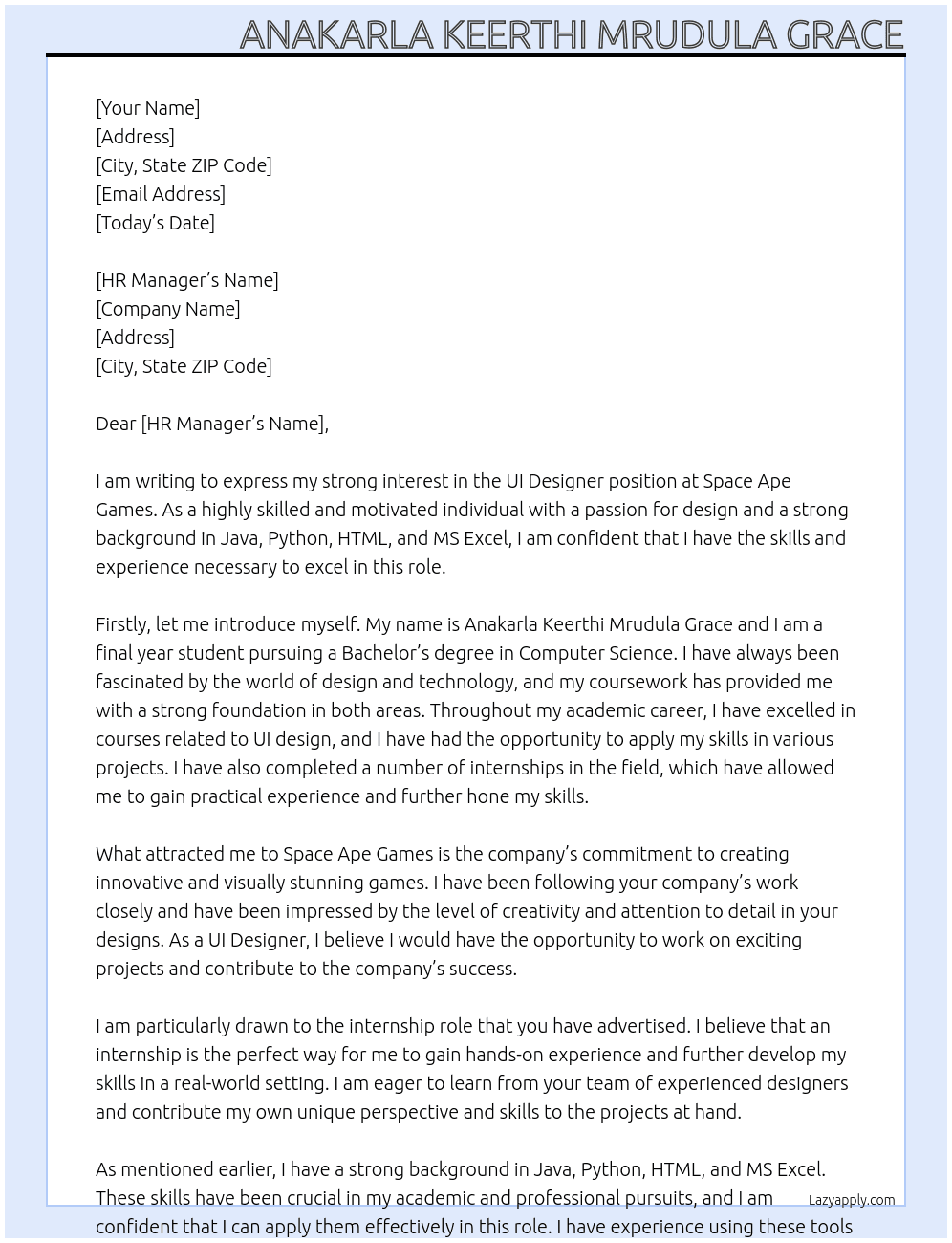 UI Designer At Space Ape Games Cover Letter
