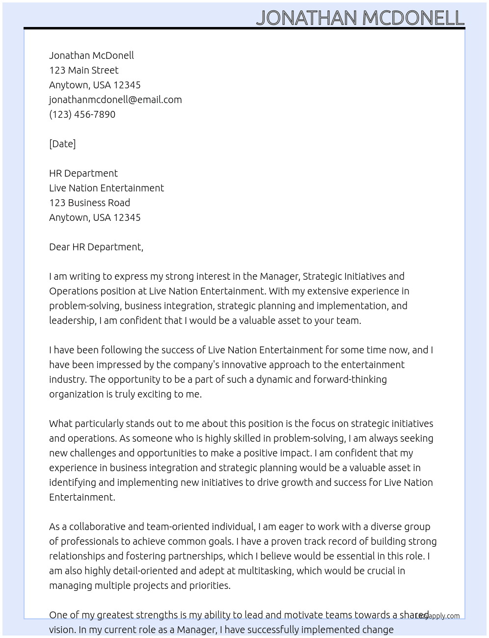 Manager, Strategic Initiatives and Operations At Live Nation Entertainment Cover Letter
