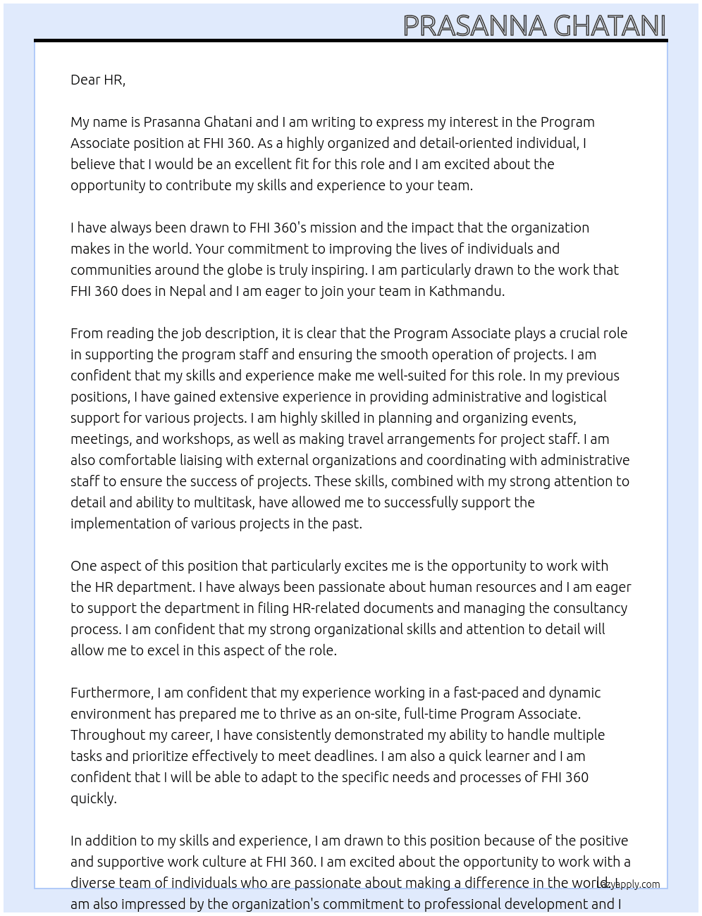 Program Associate At FHI 360 Cover Letter