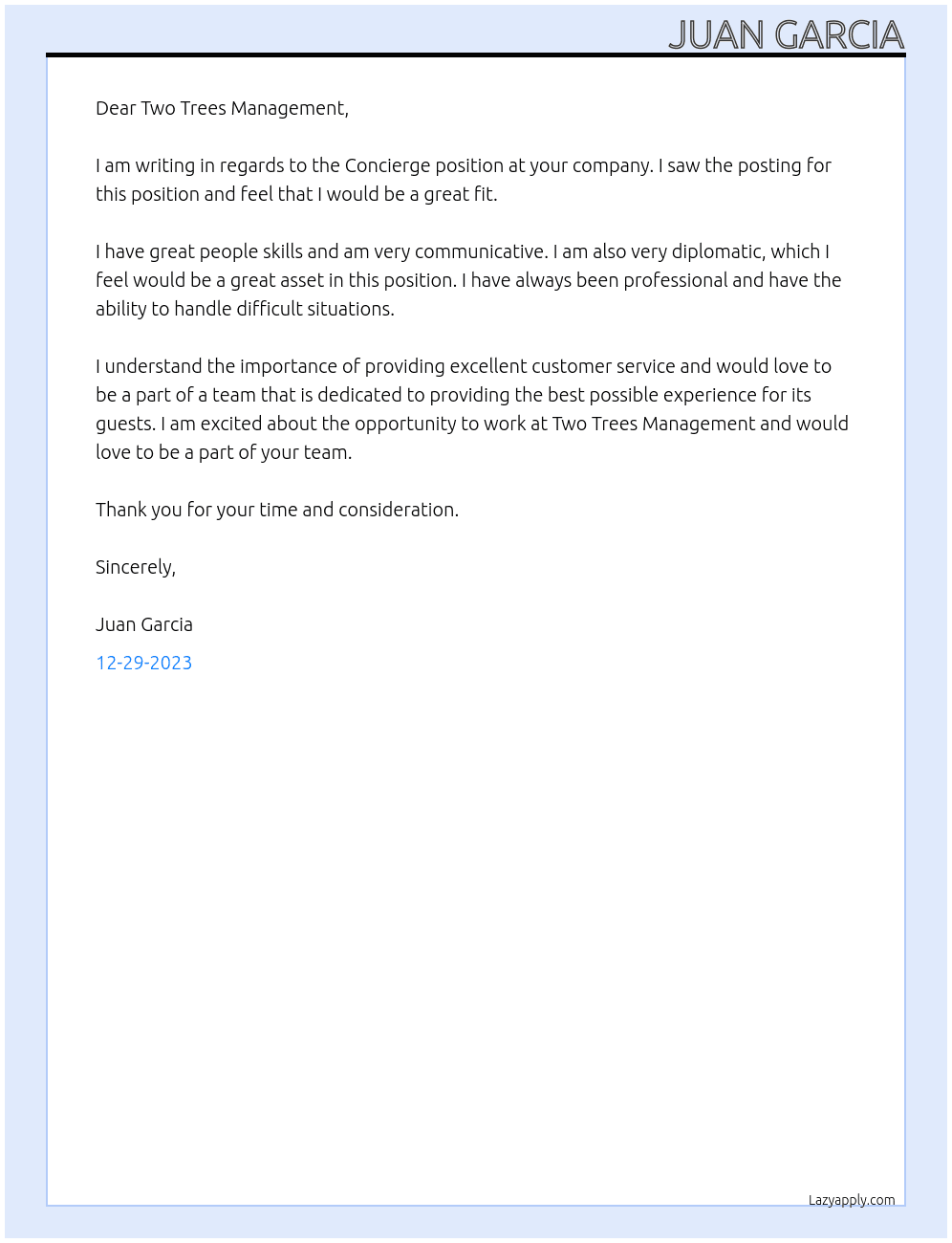 Concierge At Two Trees Management Cover Letter
