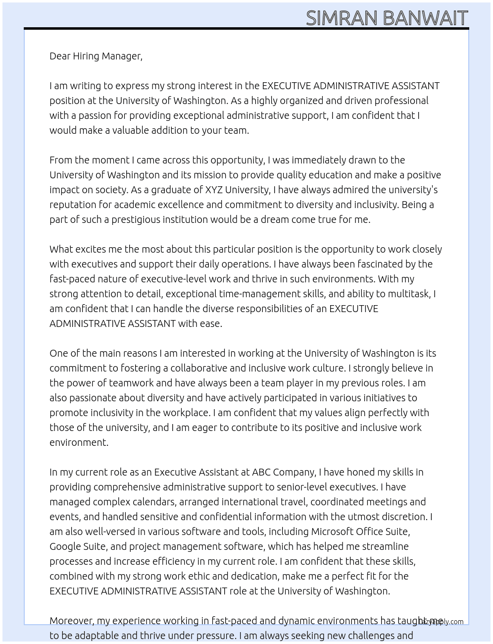 EXECUTIVE ADMINISTRATIVE ASSISTANT At University of Washington  Cover Letter