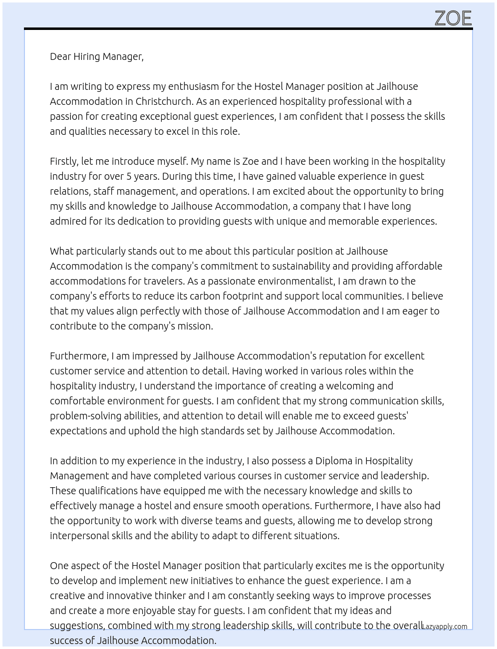 Hostel Manager At Jailhouse Accommodation Cover Letter