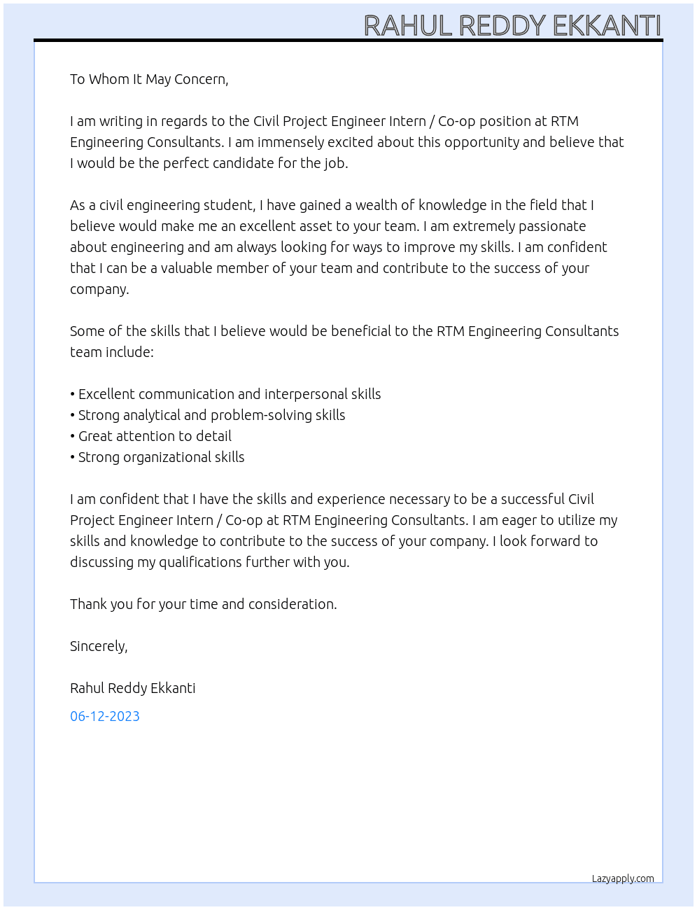 Civil Project Engineer Intern / Co-op At RTM Engineering Consultants  Cover Letter