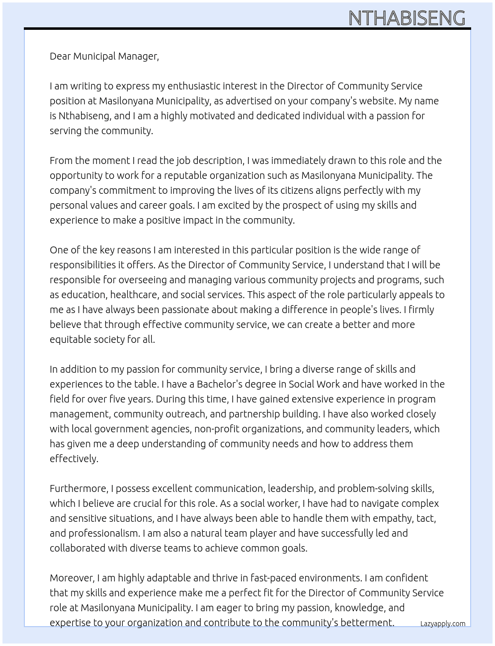 Director of Community Service  At masilonyana municipality Cover Letter