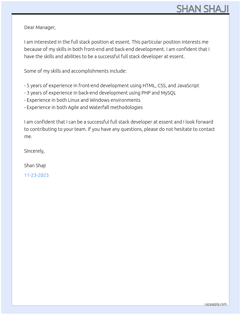 full stack  At essent Cover Letter