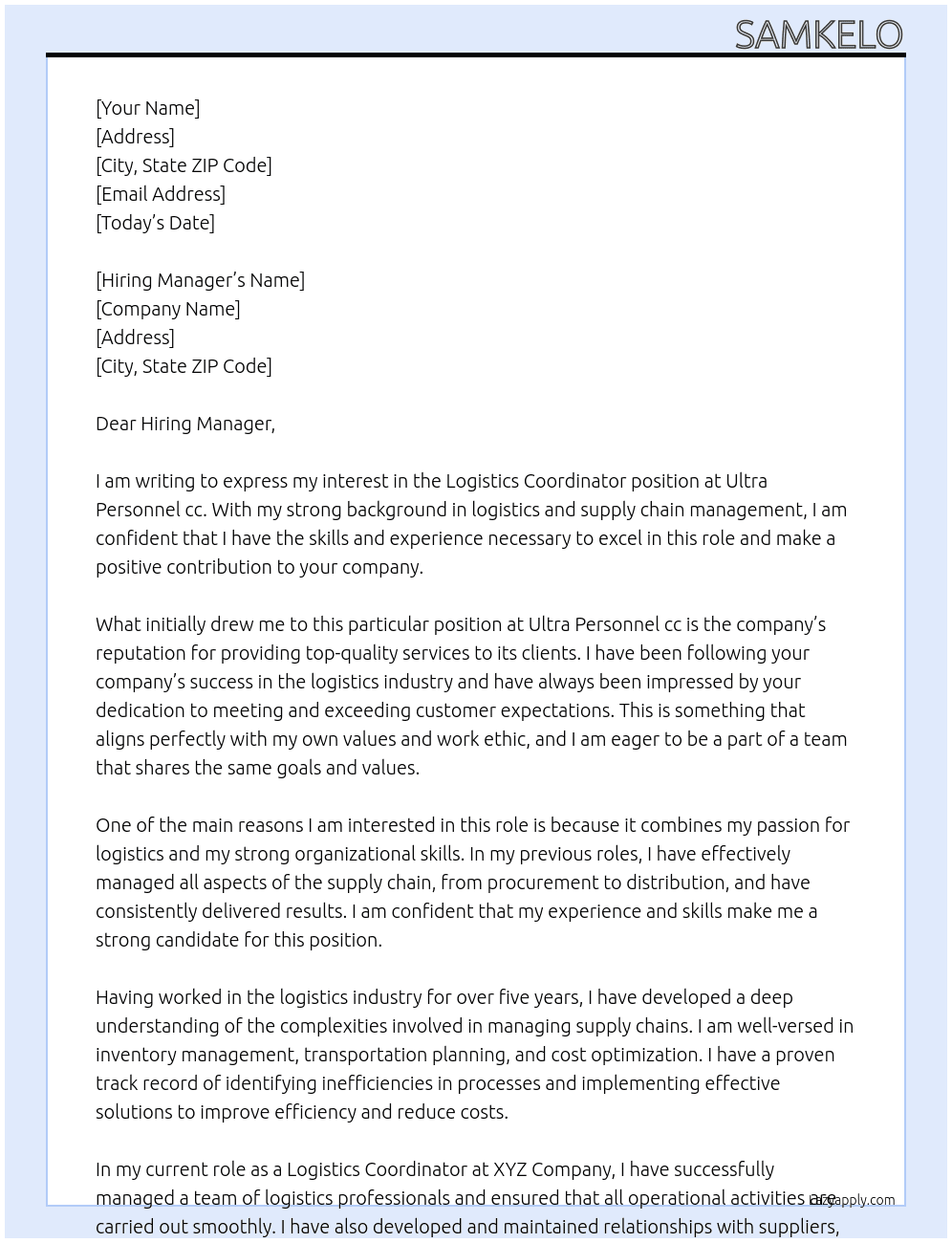 logistics coordinator At Ultra Personnel cc Cover Letter