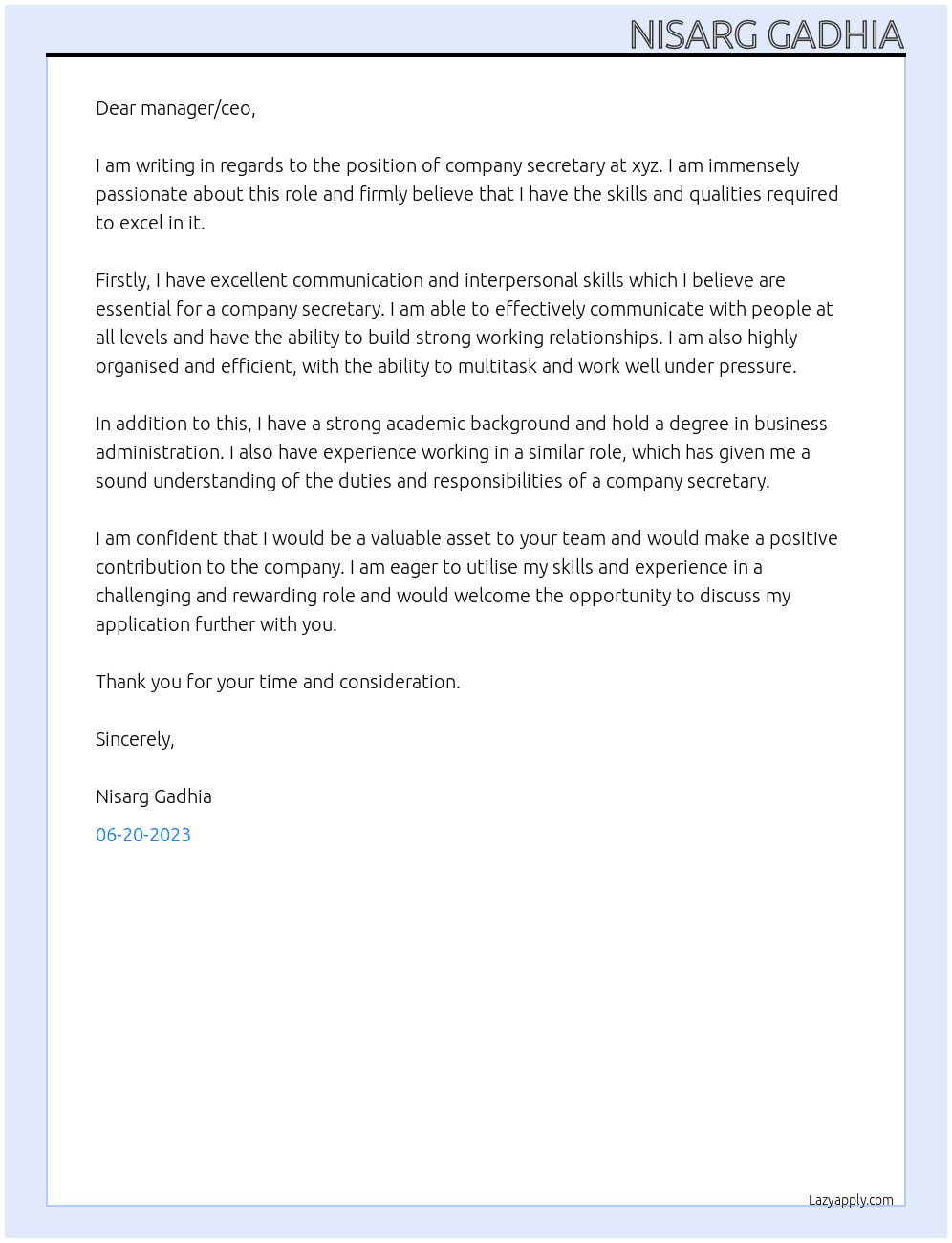 company secretary At xyz Cover Letter