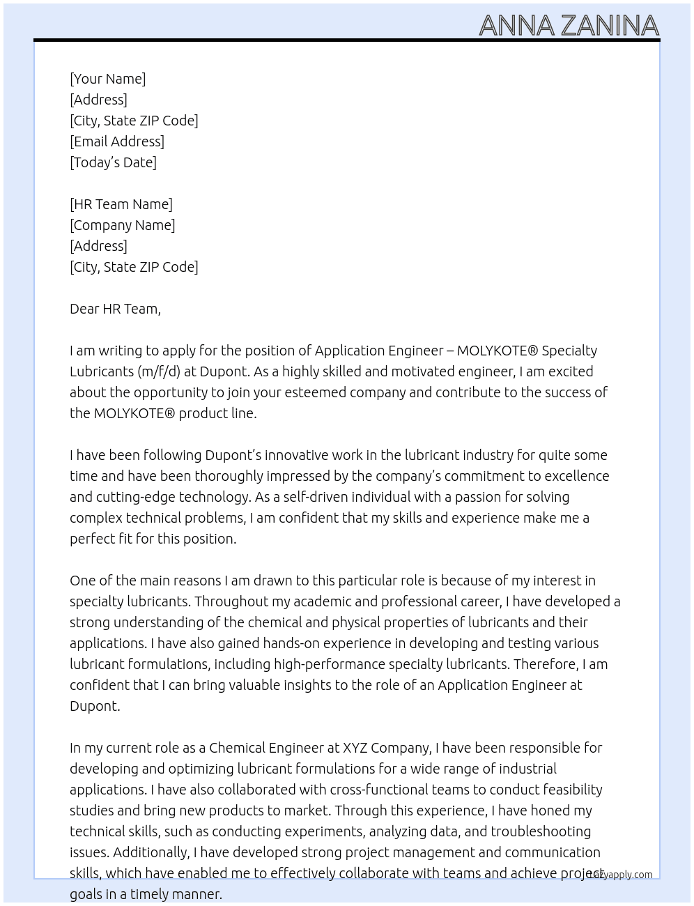 Application Engineer – MOLYKOTE® Specialty Lubricants (m/f/d) At dupont Cover Letter