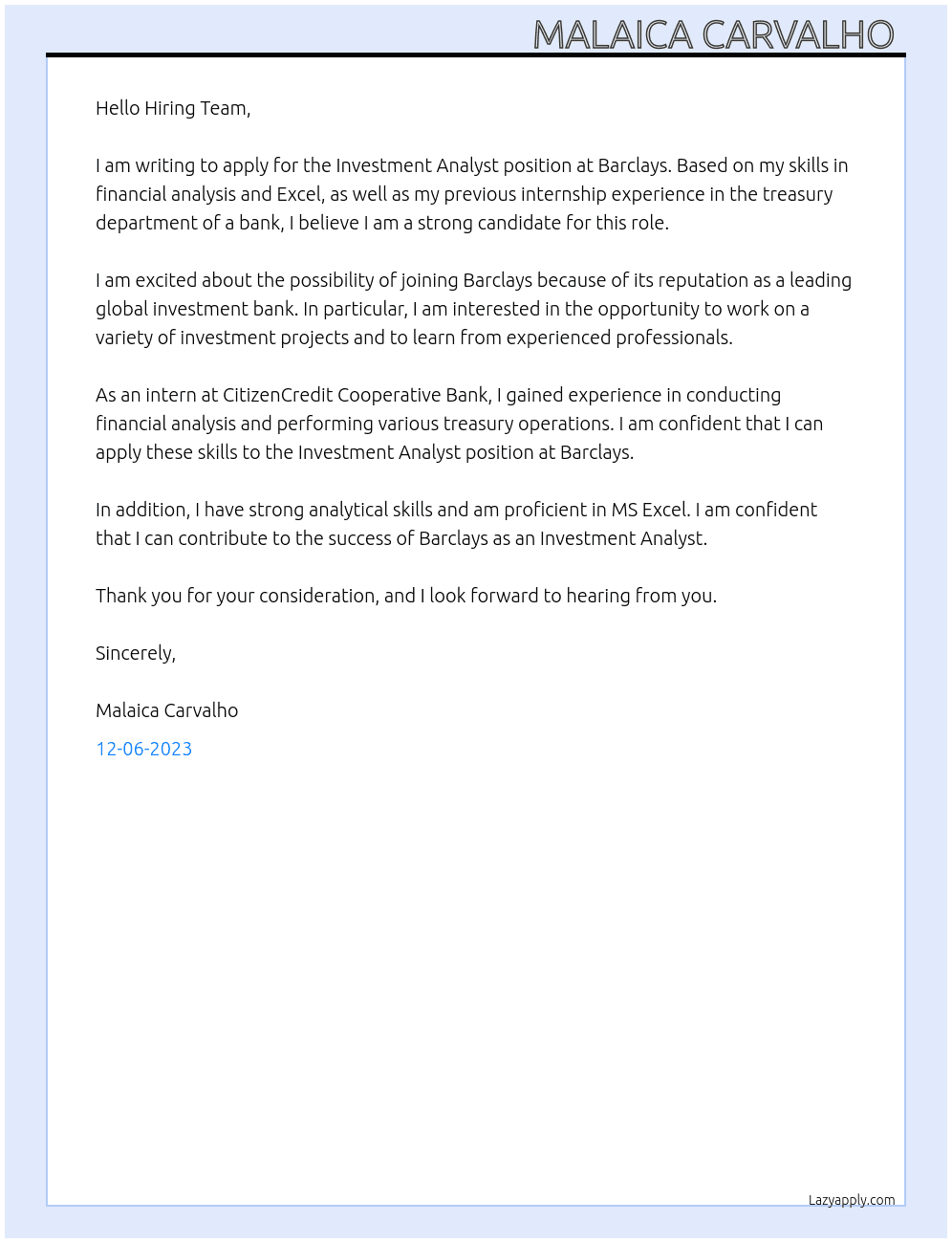 Investment Analyst At Barclays Cover Letter