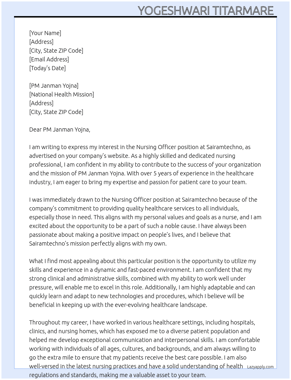 Nursing officer  At Sairamtechno Cover Letter