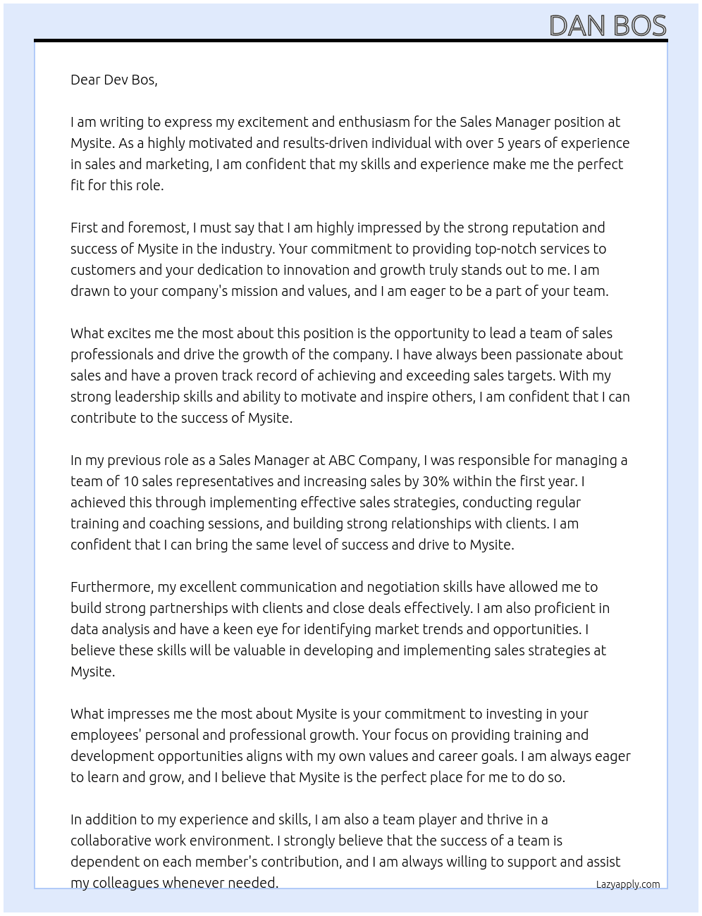 Sales Manager At Mysite Cover Letter