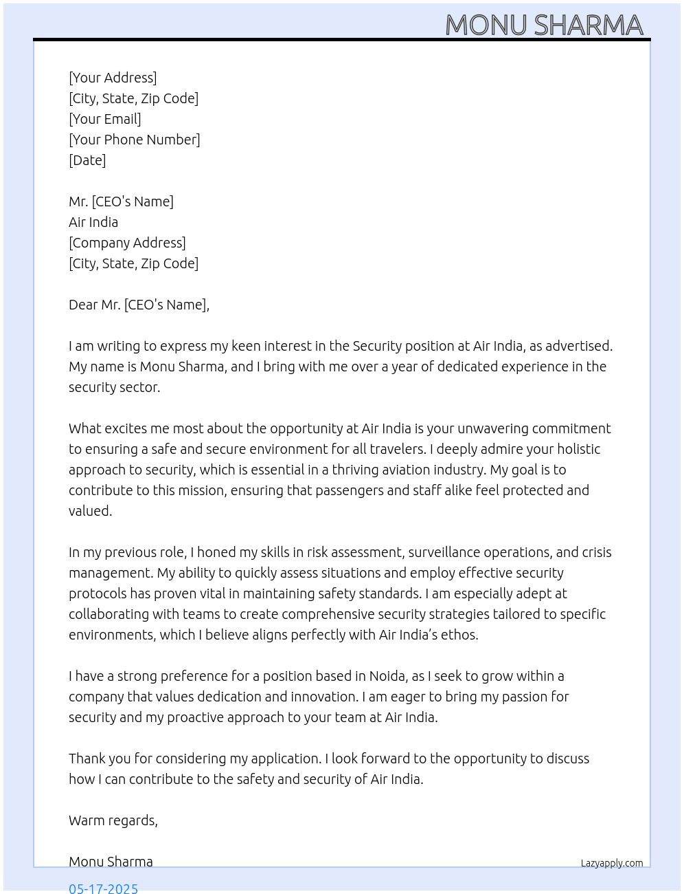 Security  At Air india  Cover Letter