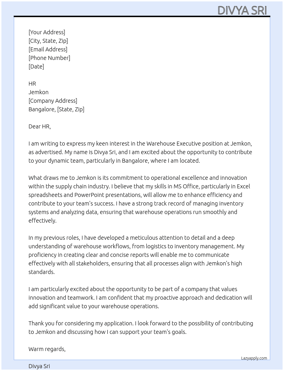 Warehouse executive  At Jemkon Cover Letter
