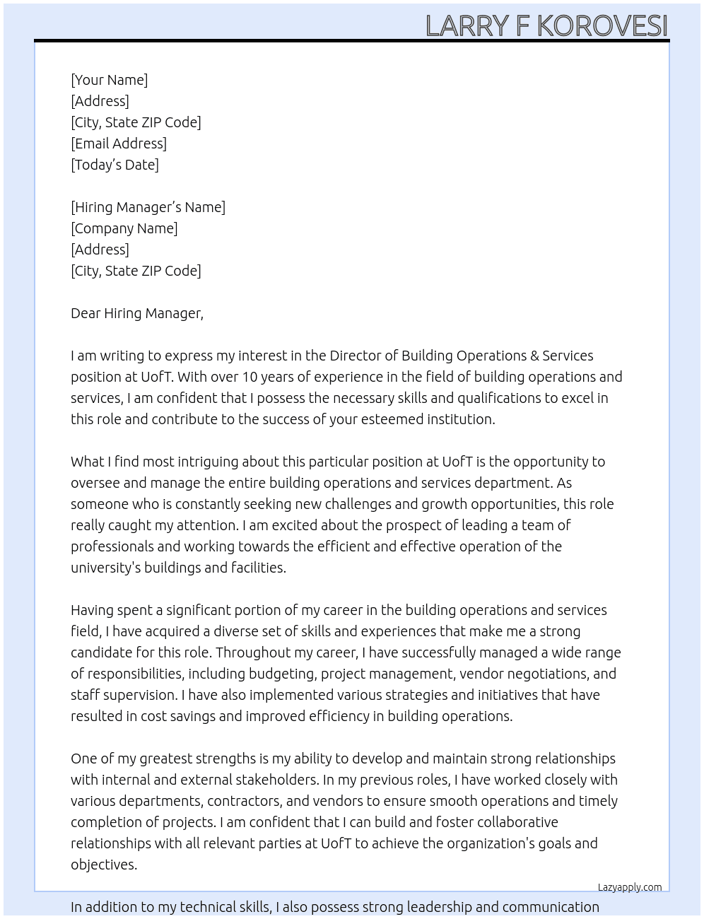 Director, Building Operations & Services At UofT Cover Letter