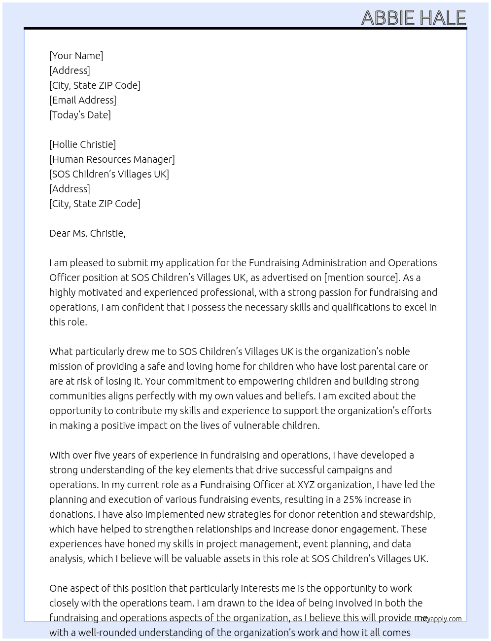 Cover letter for fundraising administration and operations officer - LazyApply