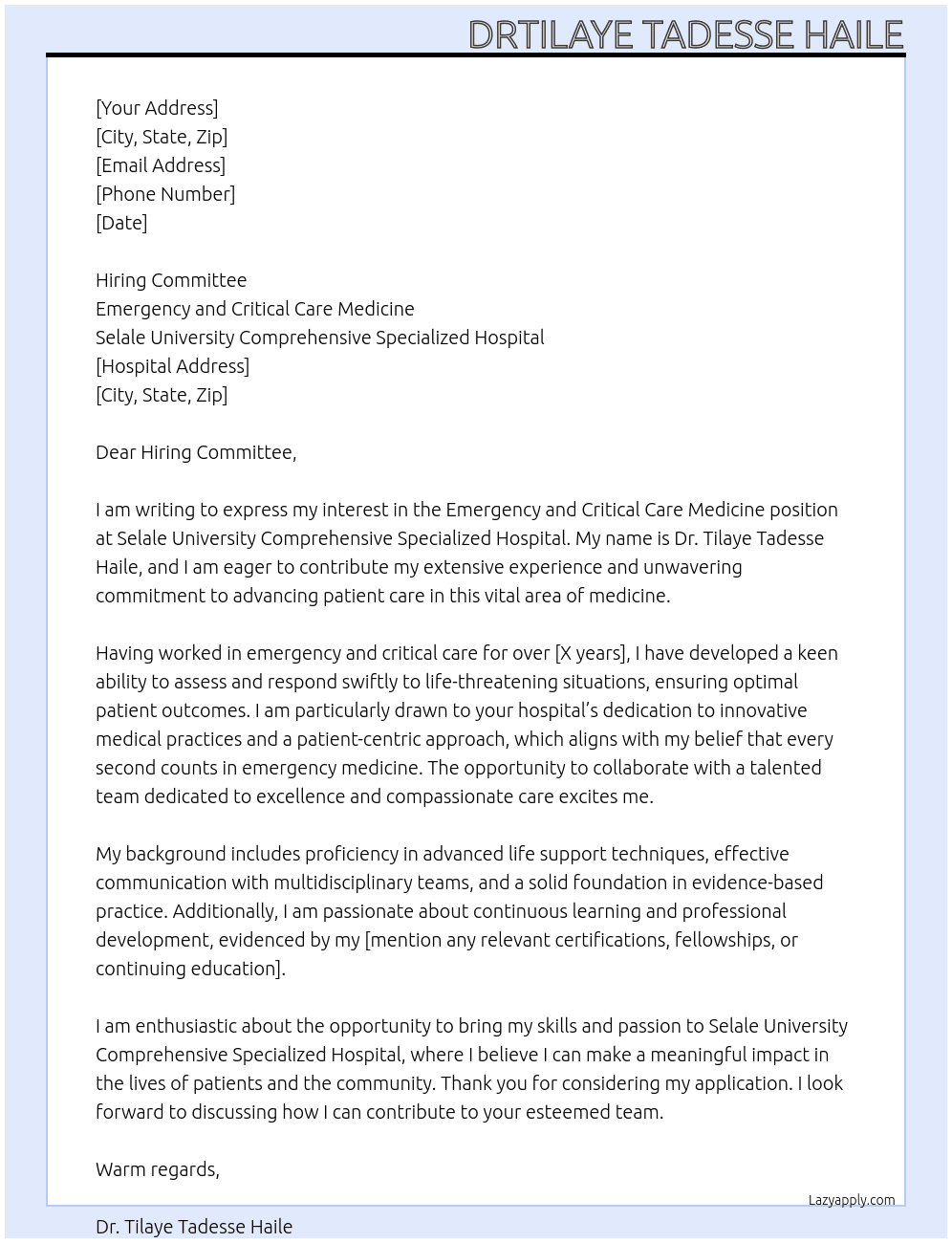 Emergency and critical care medicine  At Emergency and Critical Care Medicine Cover Letter