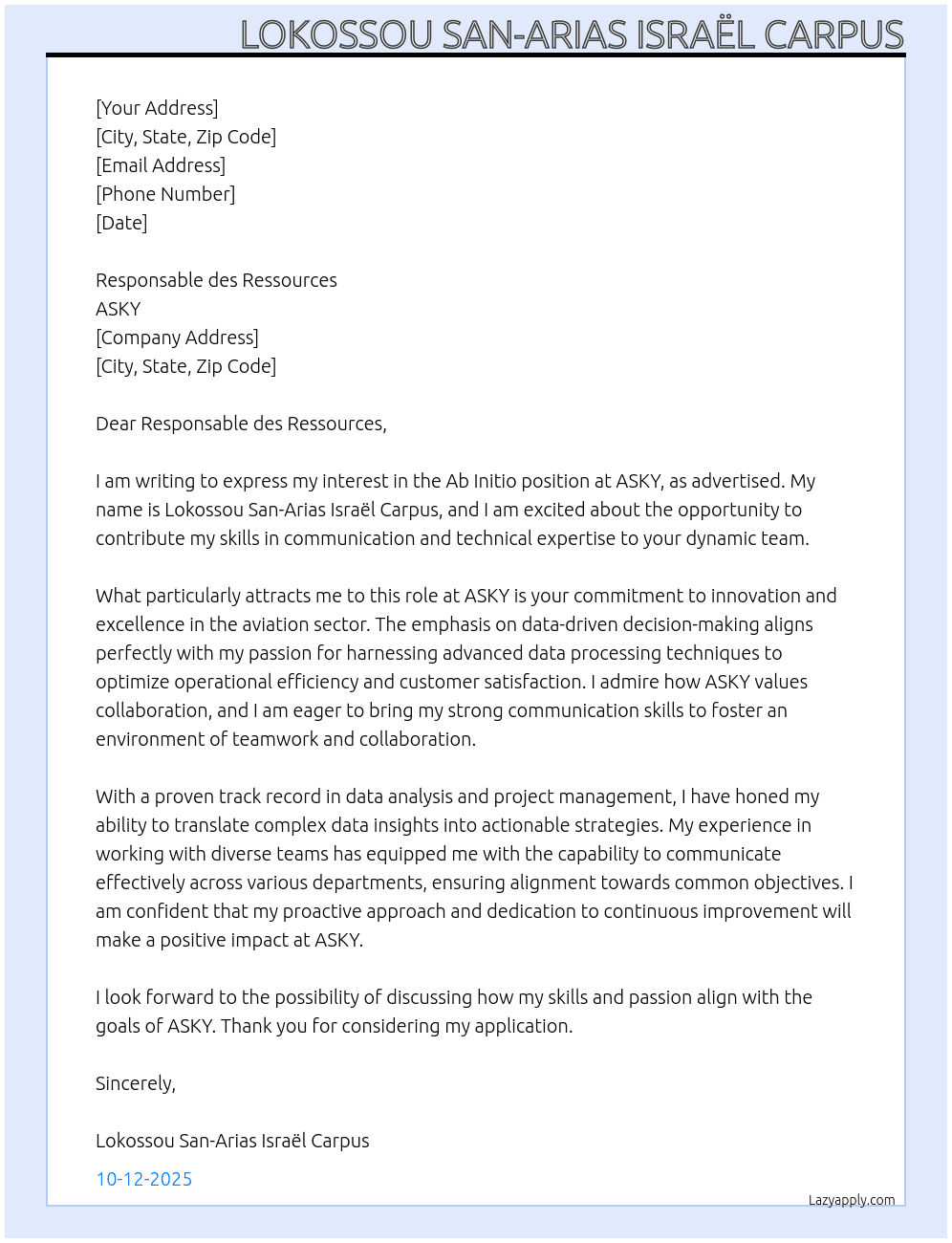 Ab Initio  At ASKY Cover Letter