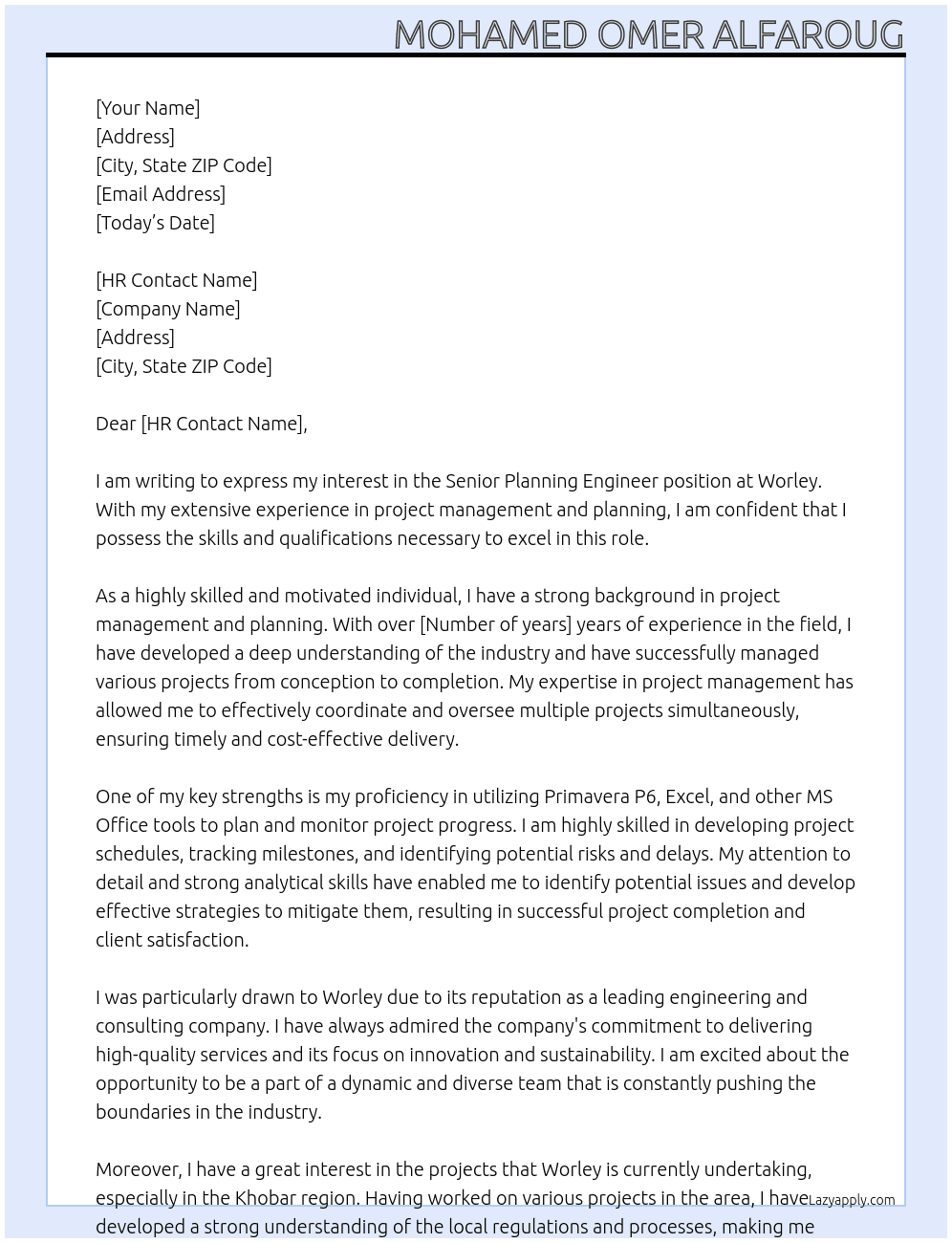 Senior Planning Engineer At Worley Cover Letter