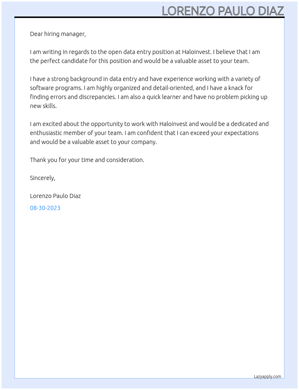 Data entry At Haloinvest Cover Letter