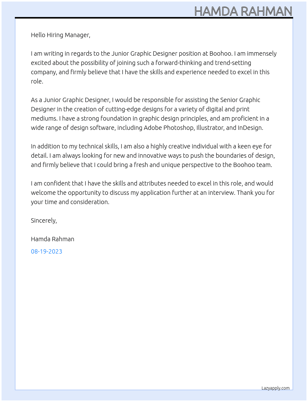 Junior graphic designer At Boohoo Cover Letter