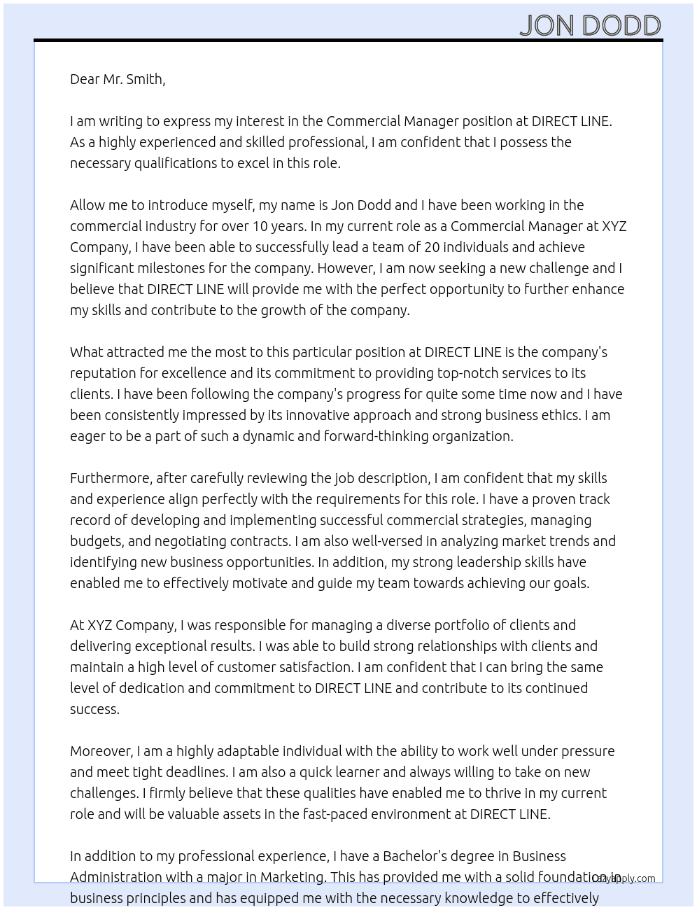 Commercial Manager At DIRECT LINE Cover Letter