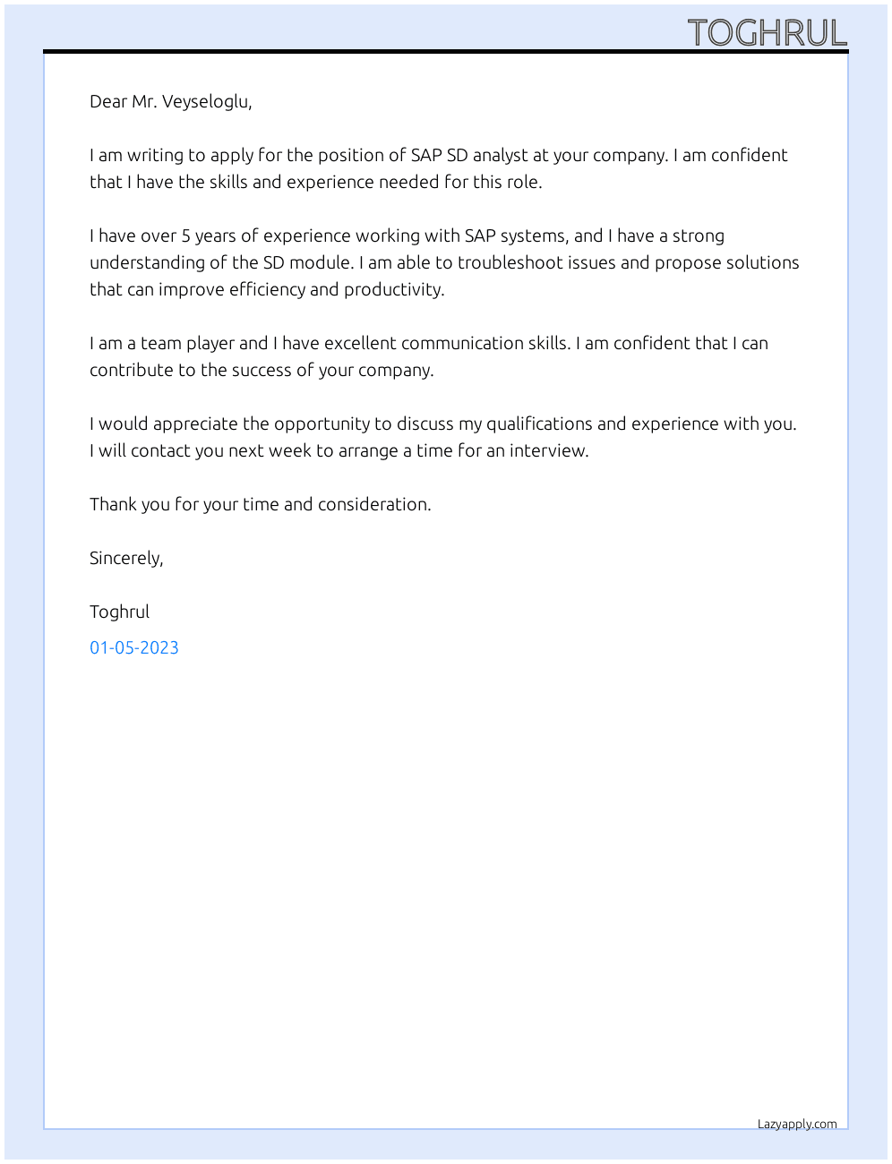 Cover letter for sap sd analyst - LazyApply