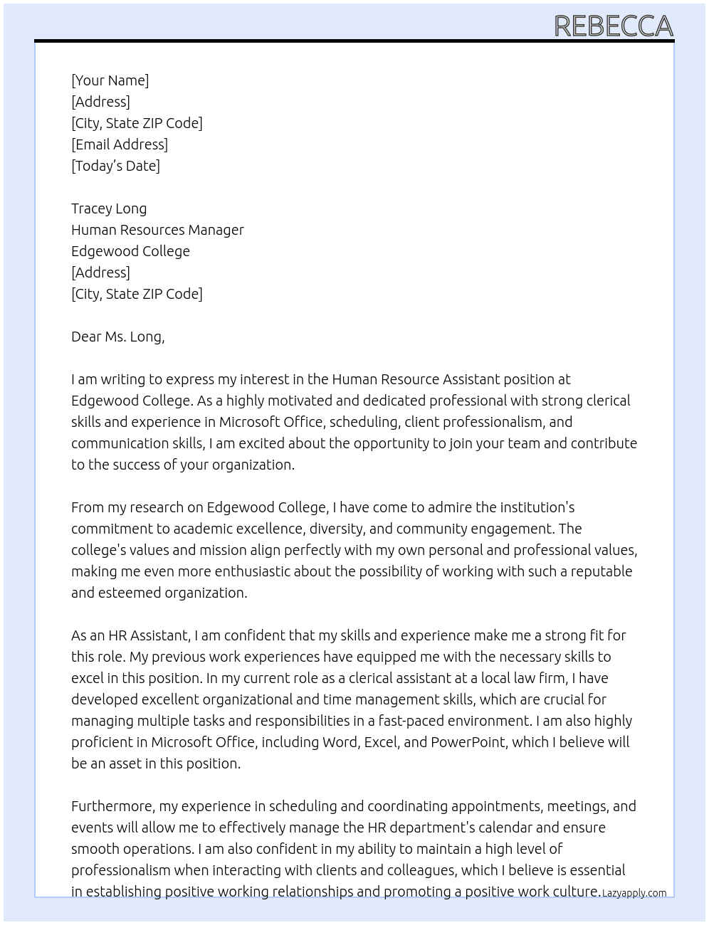Human Resource Assistant  At Edgewood College  Cover Letter