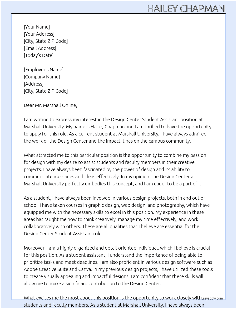 Design Center Student Assistant At Marshall University Cover Letter